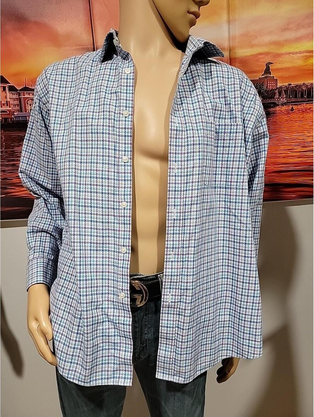 Neiman Marcus 2-ply Cotton Trim Fit 17.5/32-33 Blue Check Men's Shirt #W